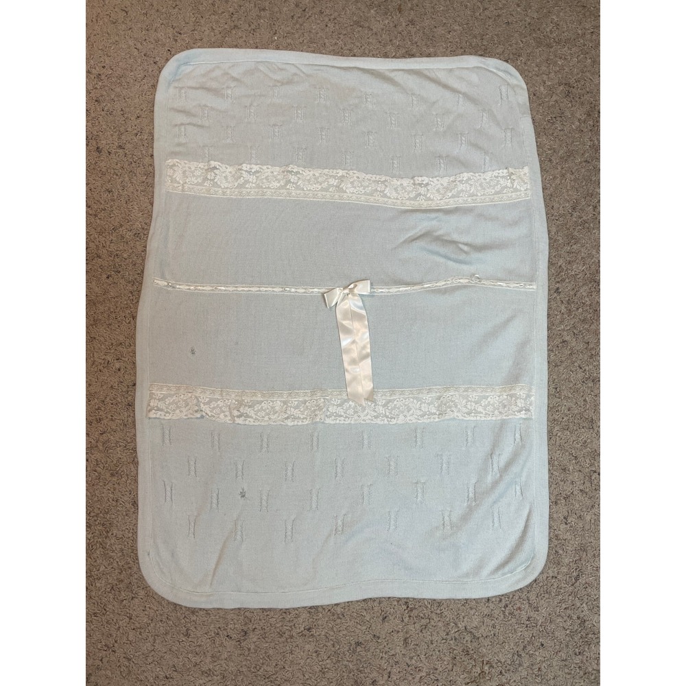 Bebe De France Couture Baby Blanket 100% Virgin Wool Blue Lace‎ Bow Made Italy